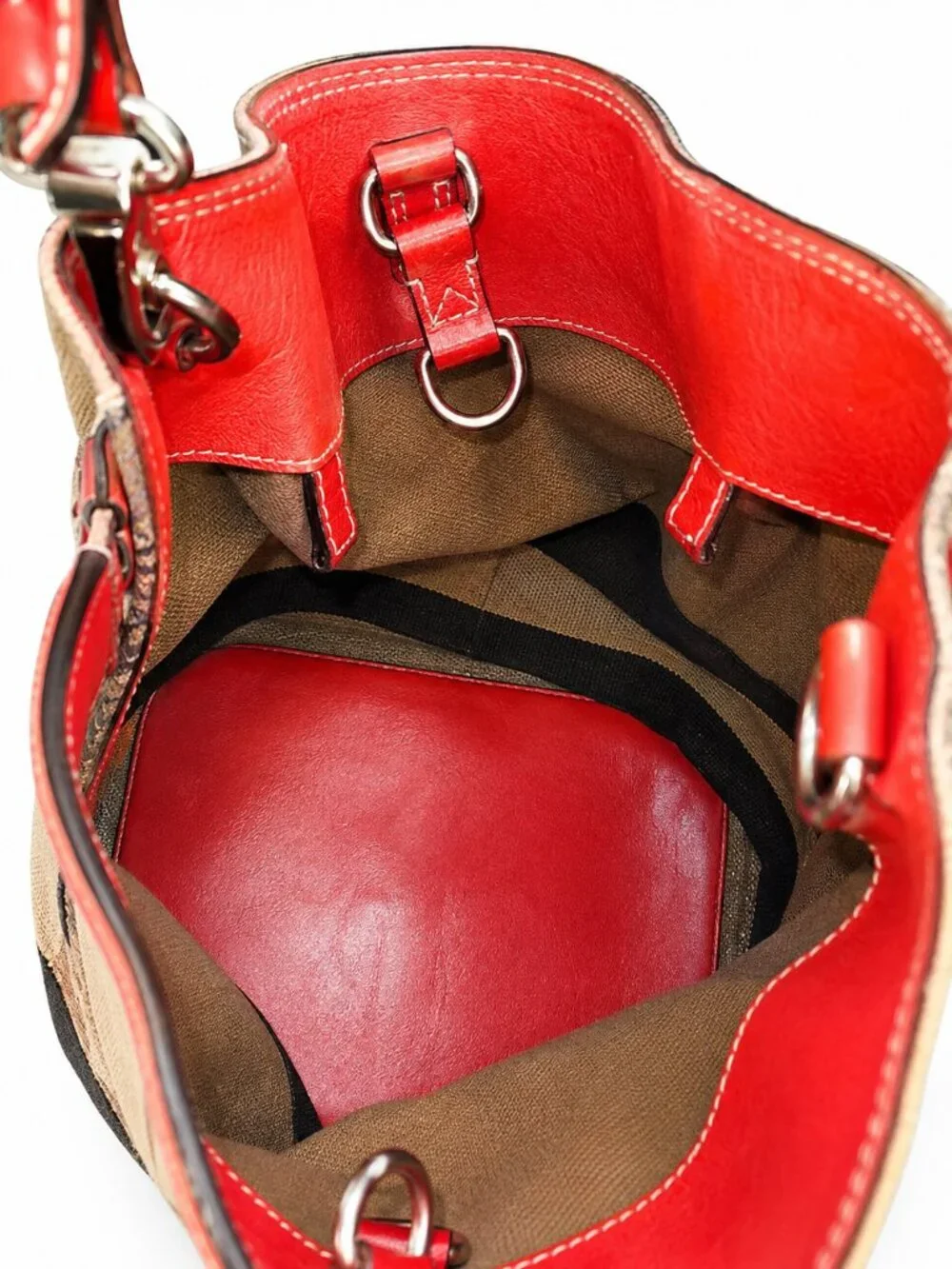 Burberry Ashby Check Canvas Bucket Bag Red Leather SHW + Pouch & Strap